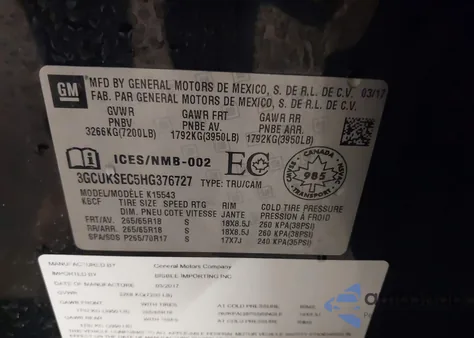 2017 Chevrolet Silverado 1500 1Lz/2Lz z USA, uszkodzony, nr VIN 3GCUKSEC5HG376727